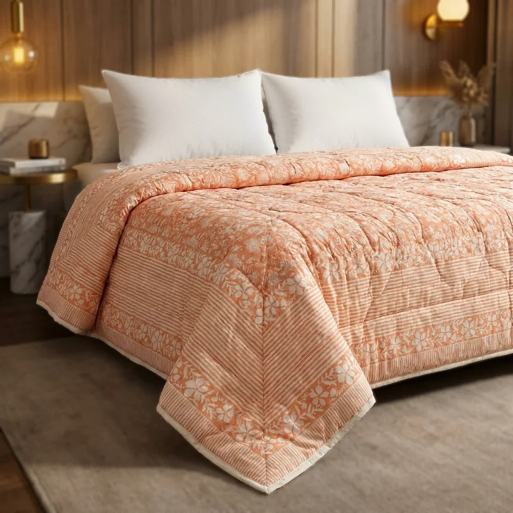 Peach & Cream Floral Jaipur Indian Hand Block Print Quilted Comforter