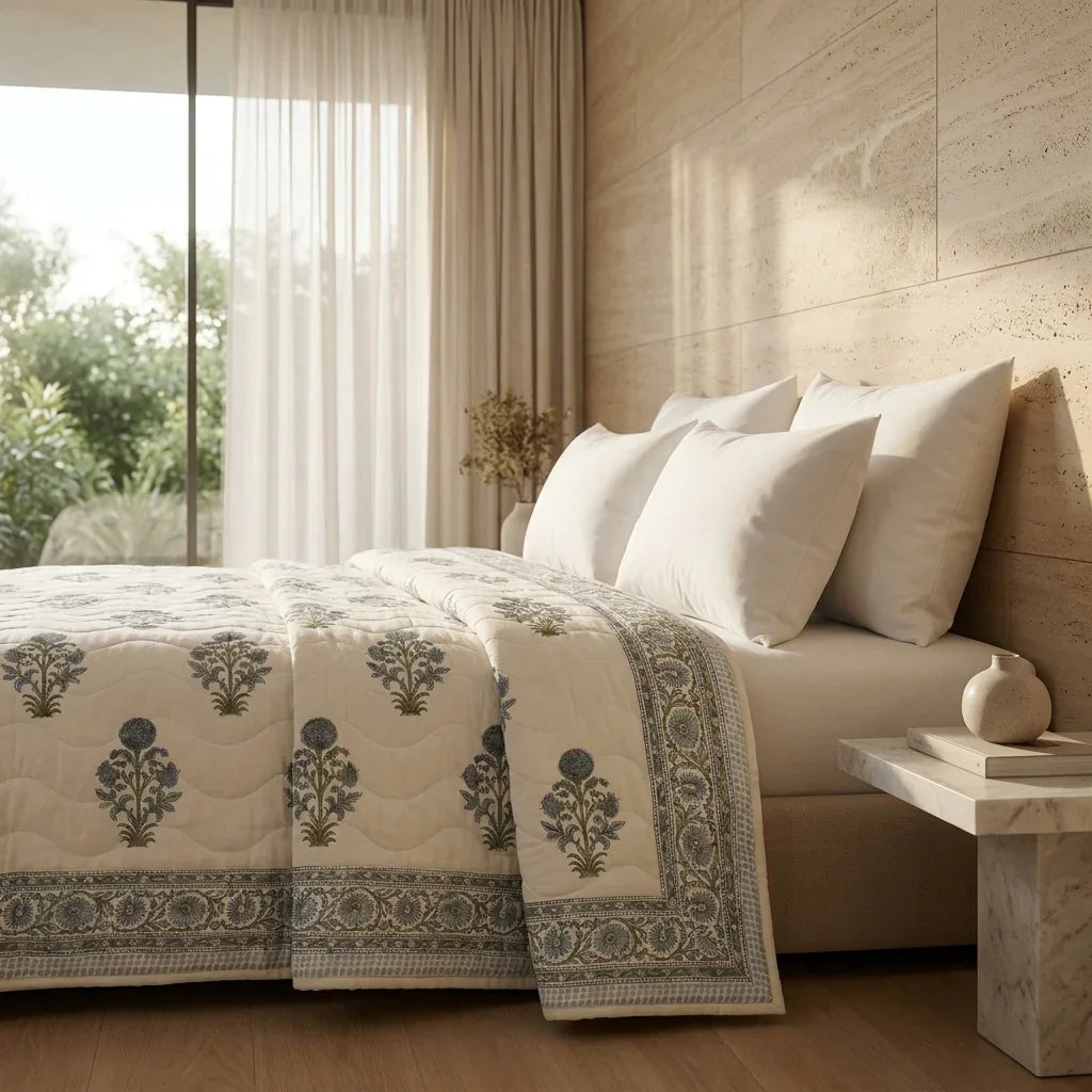 Cream & Dusty Blue Floral Jaipur Indian Hand Block Print Quilted Comforter