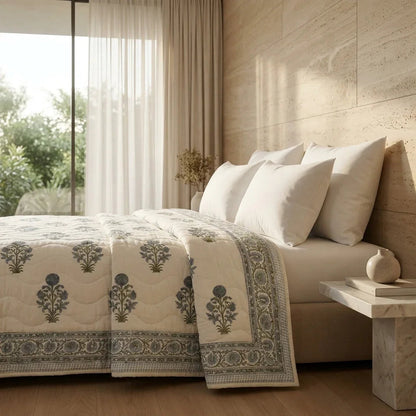 Cream & Dusty Blue Floral Jaipur Indian Hand Block Print Quilted Comforter