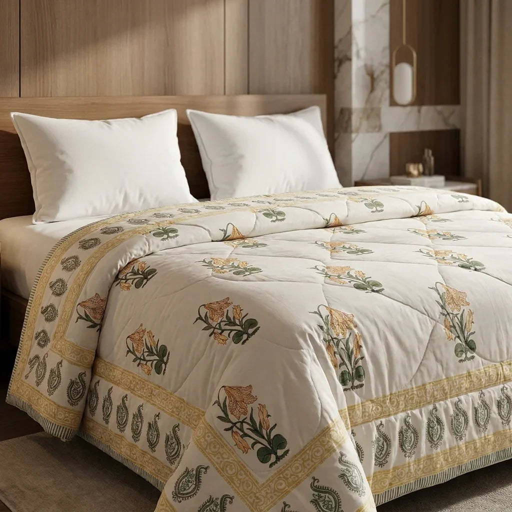 Cream & Golden Yellow Floral Jaipur Indian Hand Block Print Quilted Comforter