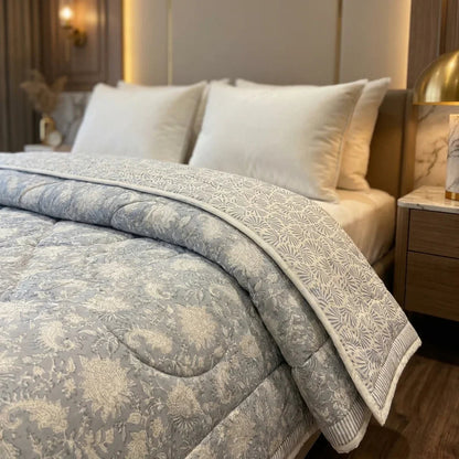 Soft Grey & Cream Floral Jaipur Indian Hand Block Print Quilted Comforter