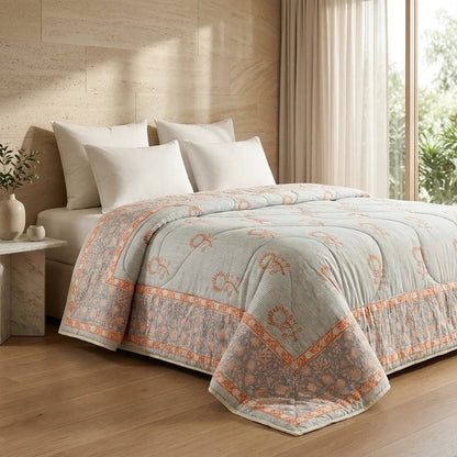 Cream & Golden Yellow Olive Floral Jaipur Indian Hand Block Print Quilted Comforter