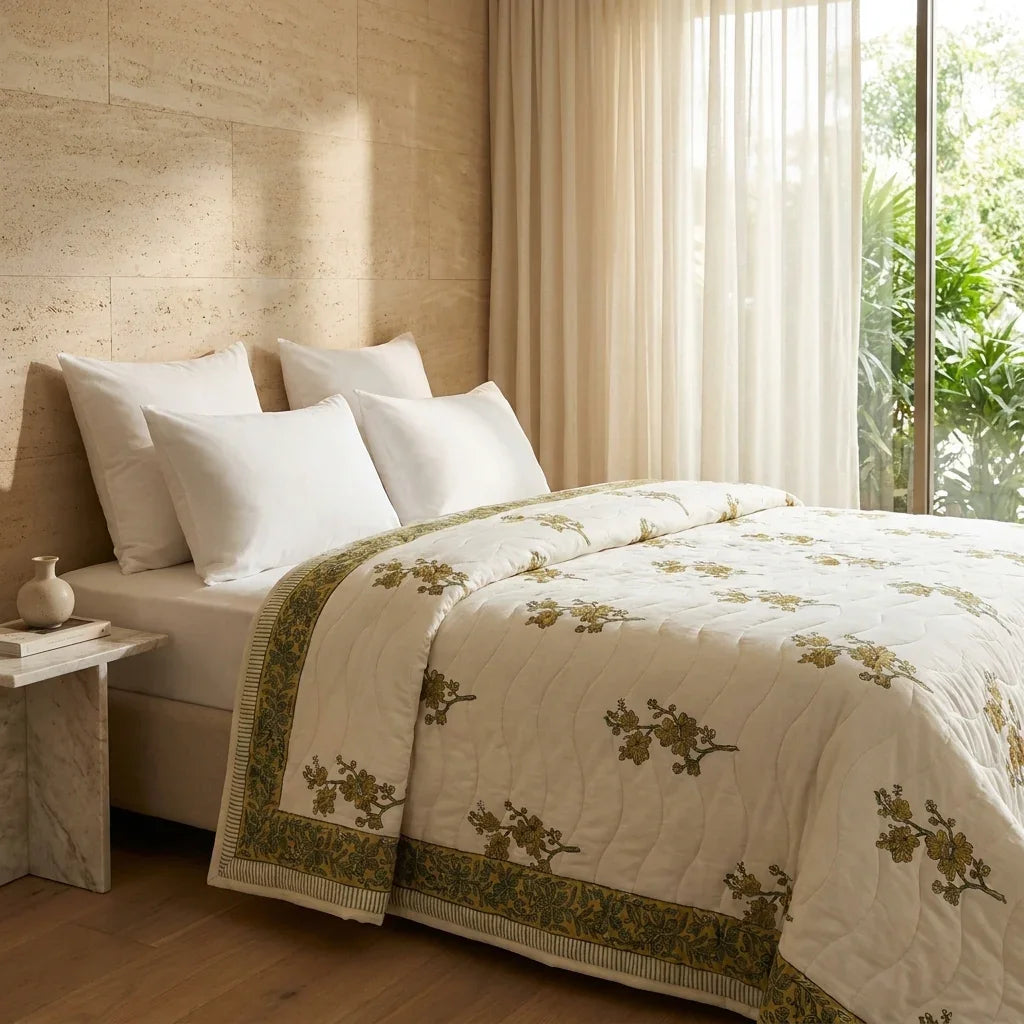 Cream & Mustard Yellow Olive Floral Jaipur Indian Hand Block Print Quilted Comforter