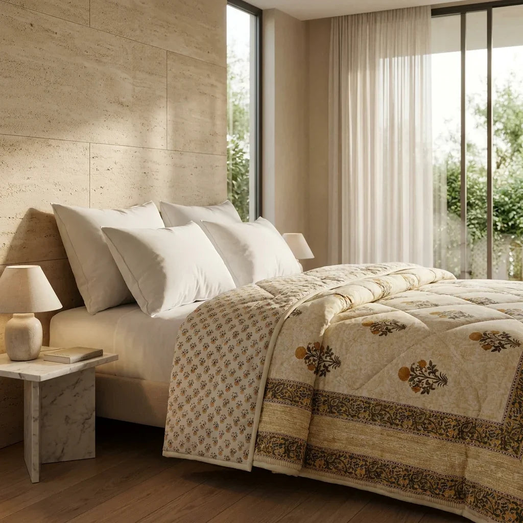 Light Grey & Charcoal Floral Jaipur Indian Hand Block Print Quilted Comforter