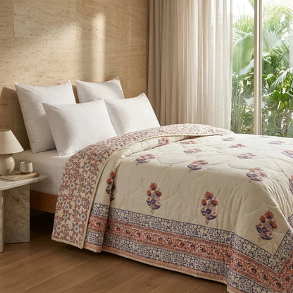 Lavender Grey & Cream Floral Jaipur Indian Hand Block Print Quilted Comforter