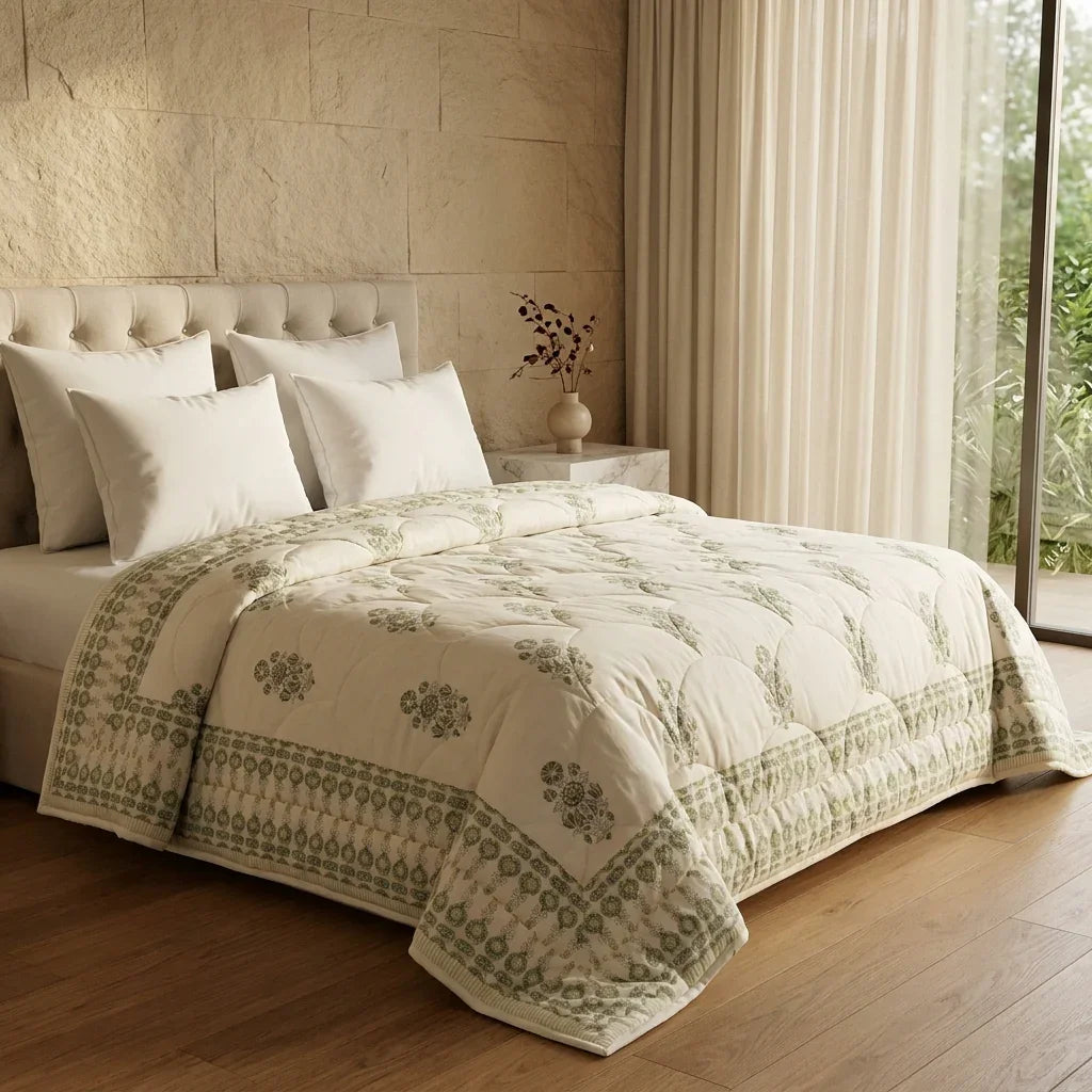 Sage Green & Cream Mauve Floral Jaipur Indian Hand Block Print Quilted Comforter