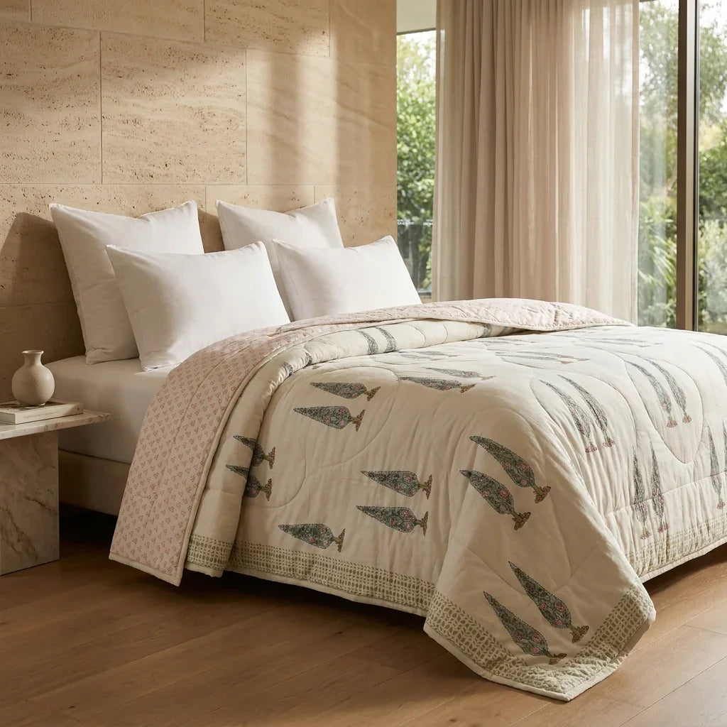 Cream & Rust Sage Floral Jaipur Indian Hand Block Print Quilted Comforter