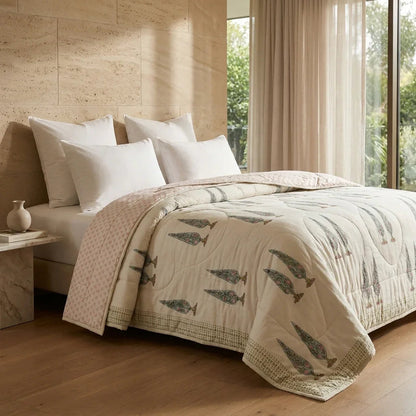 Cream & Rust Sage Floral Jaipur Indian Hand Block Print Quilted Comforter