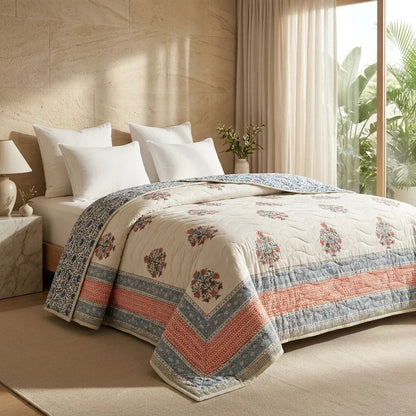 Cream & Dusty Blue Mauve Floral Jaipur Indian Hand Block Print Quilted Comforter