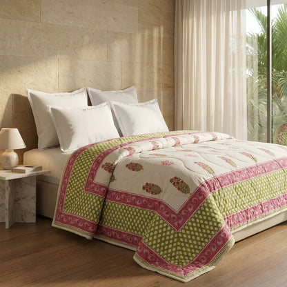 Cream & Deep Rose Floral Jaipur Indian Hand Block Print Quilted Comforter