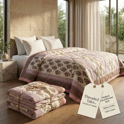 Cream & Deep Pink Floral Jaipur Indian Hand Block Print Quilted Comforter