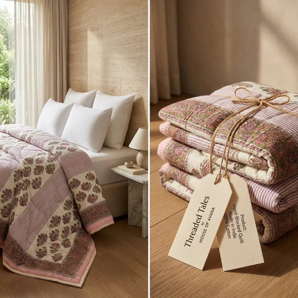 Cream & Deep Pink Floral Jaipur Indian Hand Block Print Quilted Comforter