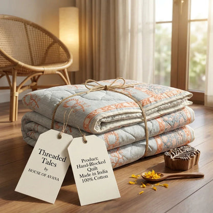 Blue Grey & Peach Floral Jaipur Indian Hand Block Print Quilted Comforter
