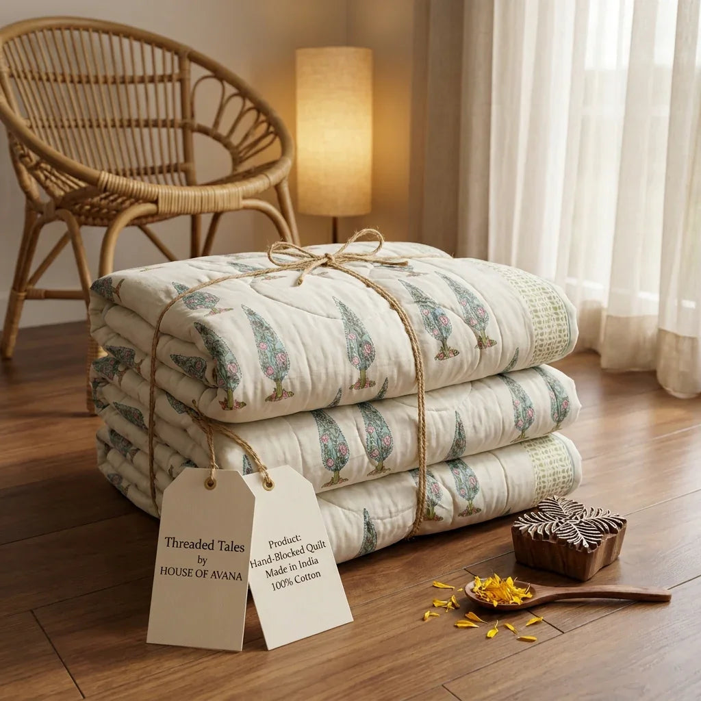 Cream & Rust Sage Floral Jaipur Indian Hand Block Print Quilted Comforter