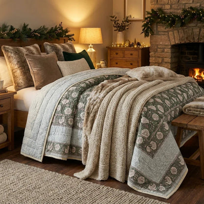 Cream & Golden Yellow Rust Floral Jaipur Indian Hand Block Print Quilted Comforter