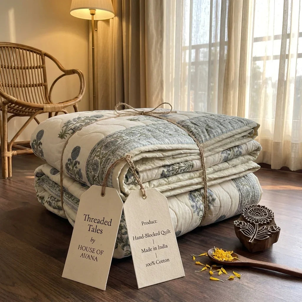 Cream & Dusty Blue Floral Jaipur Indian Hand Block Print Quilted Comforter