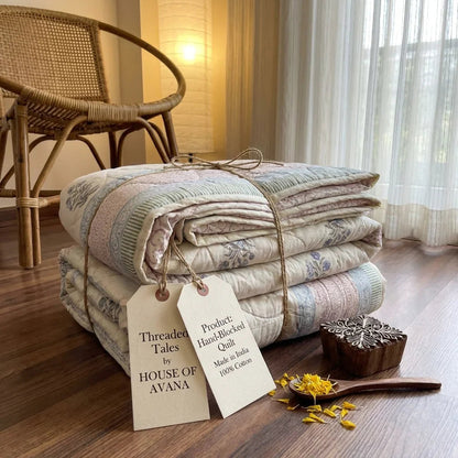 Cream & Burgundy Slate Floral Jaipur Indian Hand Block Print Quilted Comforter