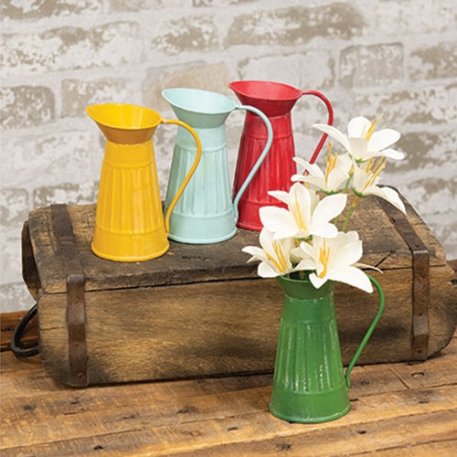 Set of 4 Mini Rustic Ribbed Metal Water Pitchers