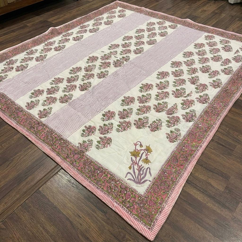 Cream & Deep Pink Floral Jaipur Indian Hand Block Print Quilted Comforter