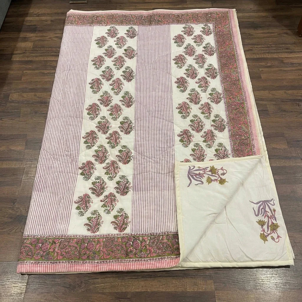 Cream & Deep Pink Floral Jaipur Indian Hand Block Print Quilted Comforter