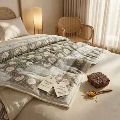 Cream & Golden Yellow Rust Floral Jaipur Indian Hand Block Print Quilted Comforter