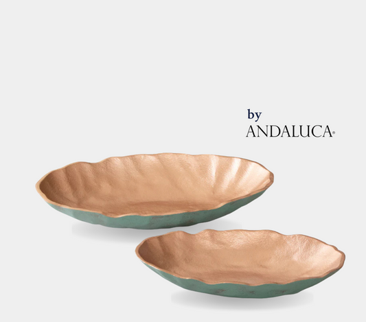 Set of 2 Turquoise Copper Finish Decorative Oval Bowls by Andaluca Home