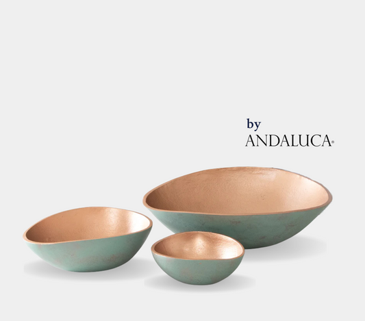 Set of 3 Turquoise Copper Finish Decorative Oval Bowls by Andaluca Home