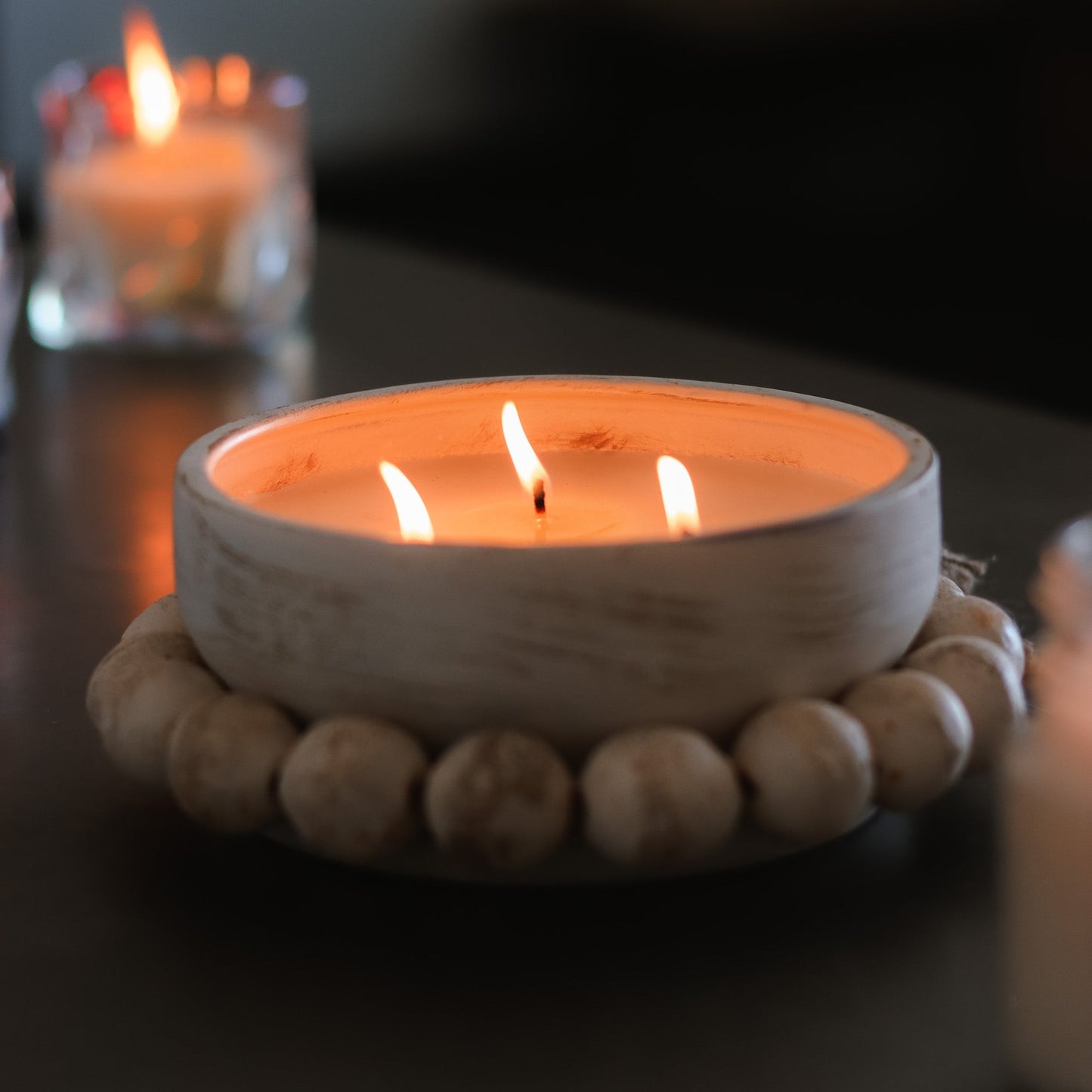 3 Wick Handmade Beaded Pottery Soy Candle with Tassel - PoshaBella