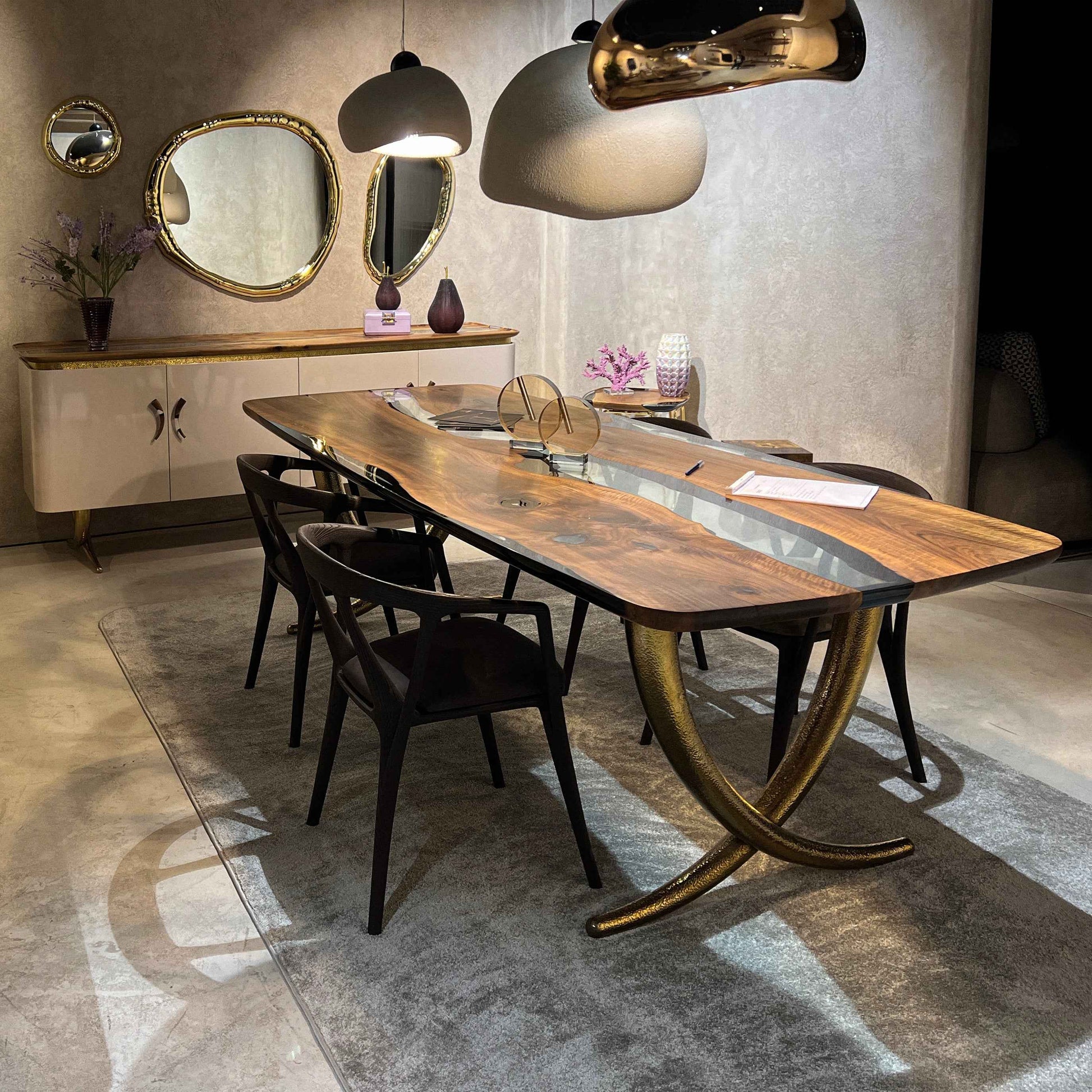 Luxurious Ivory Shaped Legs Epoxy Resin Dining Room Table