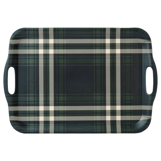 Navy Green Plaid Large Melamine Tray with Handles