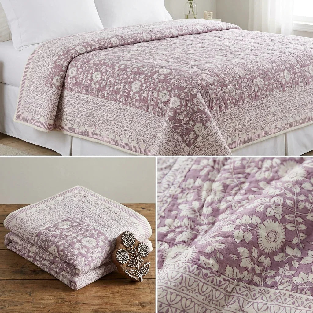 Cream & Sage Green Floral Jaipur Indian Hand Block Print Quilted Comforter