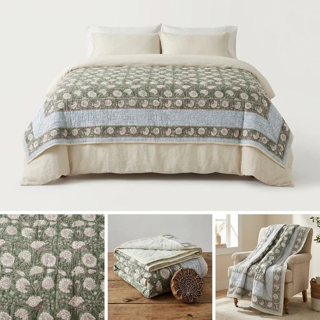 Cream & Golden Yellow Rust Floral Jaipur Indian Hand Block Print Quilted Comforter