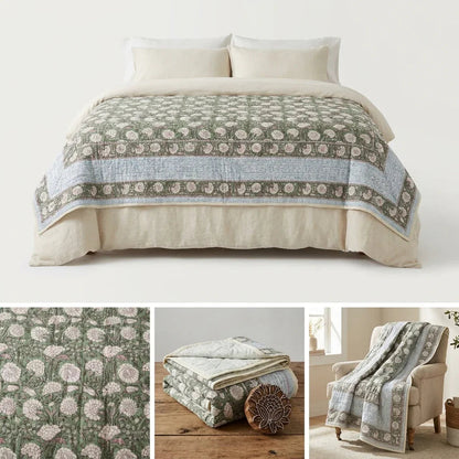 Cream & Golden Yellow Rust Floral Jaipur Indian Hand Block Print Quilted Comforter