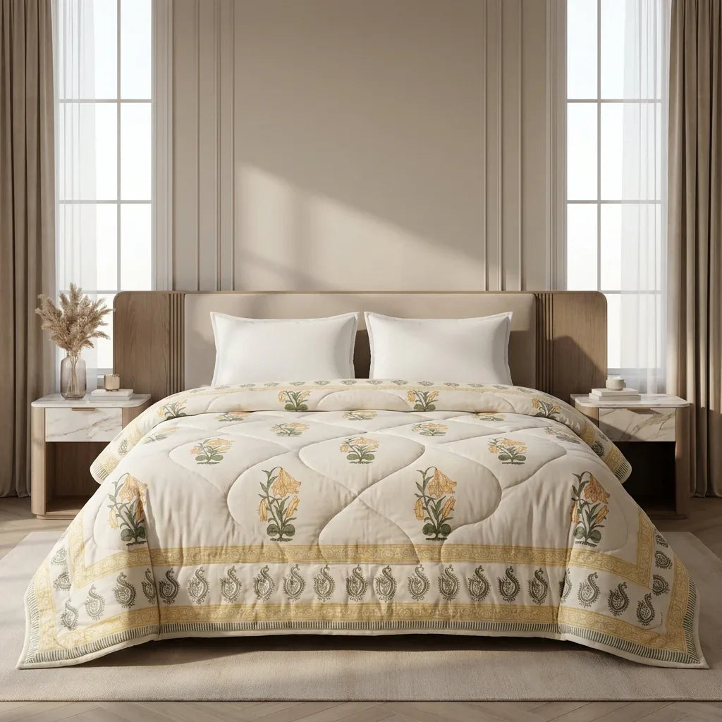 Cream & Golden Yellow Floral Jaipur Indian Hand Block Print Quilted Comforter