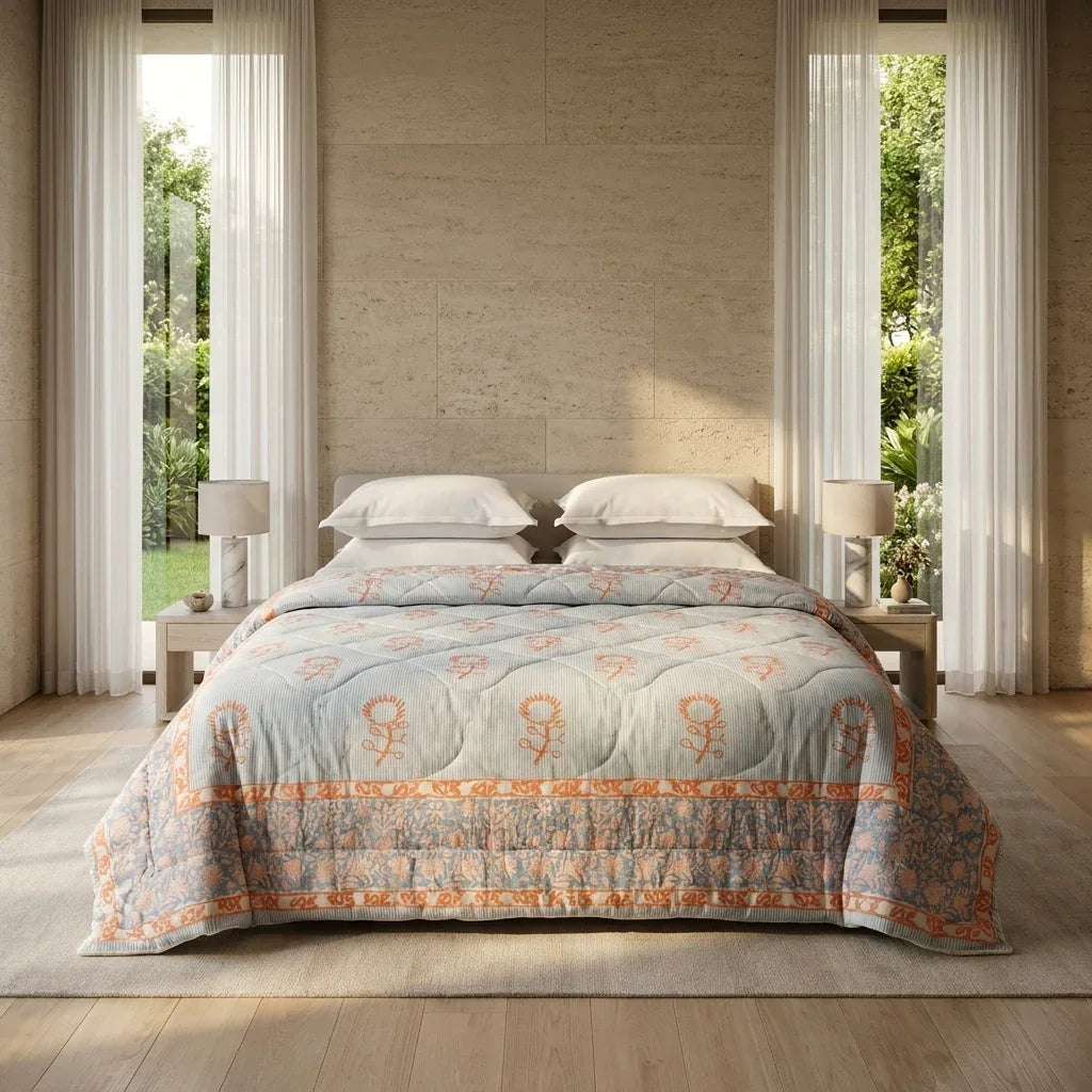 Blue Grey & Peach Floral Jaipur Indian Hand Block Print Quilted Comforter