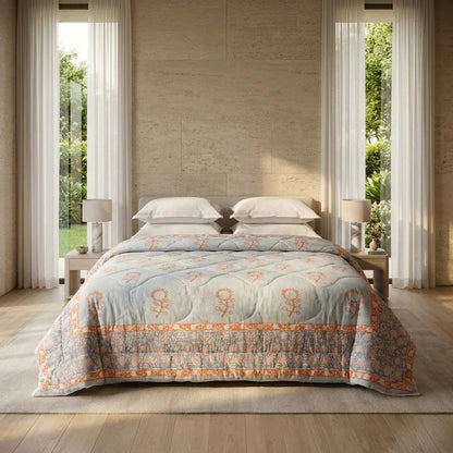 Blue Grey & Peach Floral Jaipur Indian Hand Block Print Quilted Comforter