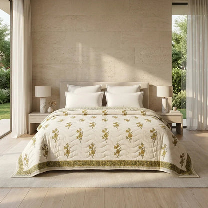 Cream & Mustard Yellow Olive Floral Jaipur Indian Hand Block Print Quilted Comforter