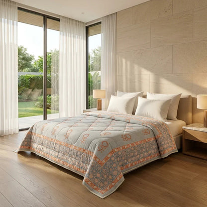 Blue Grey & Peach Floral Jaipur Indian Hand Block Print Quilted Comforter
