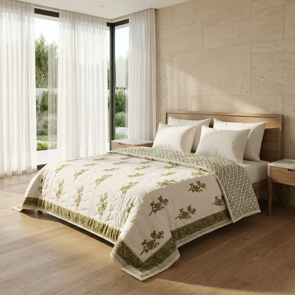Cream & Mustard Yellow Olive Floral Jaipur Indian Hand Block Print Quilted Comforter