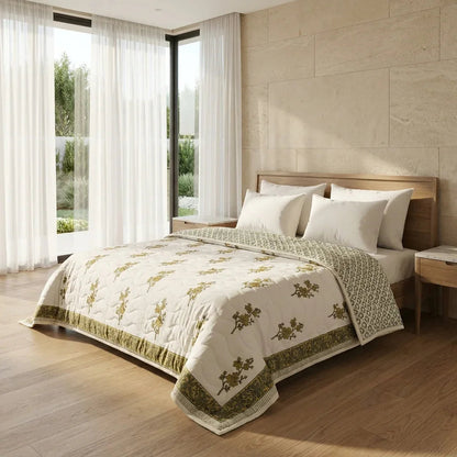 Cream & Mustard Yellow Olive Floral Jaipur Indian Hand Block Print Quilted Comforter