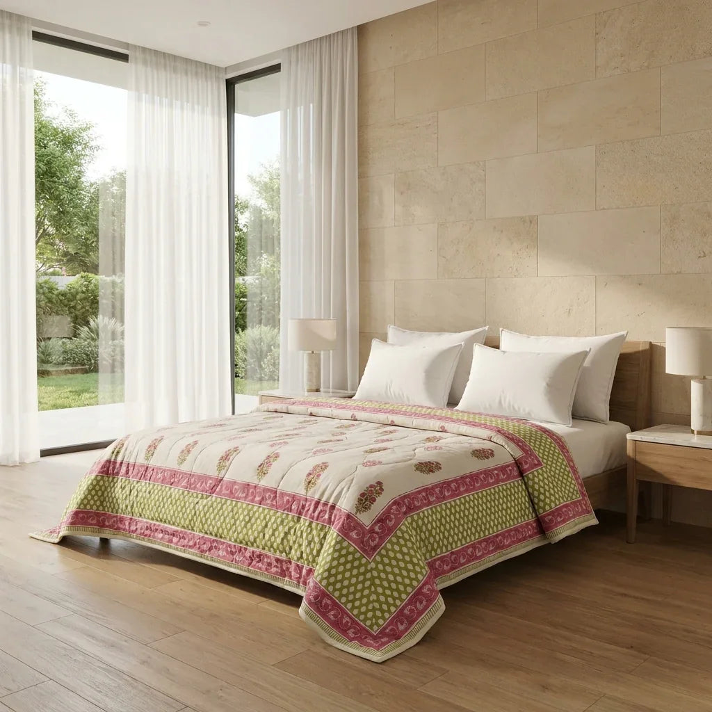 Cream & Deep Rose Floral Jaipur Indian Hand Block Print Quilted Comforter