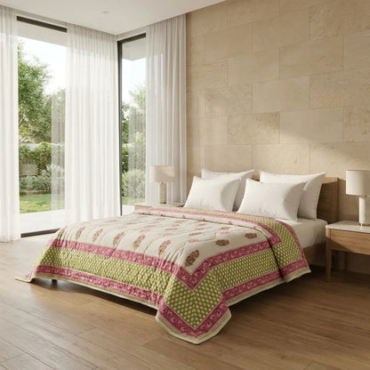 Cream & Deep Rose Floral Jaipur Indian Hand Block Print Quilted Comforter