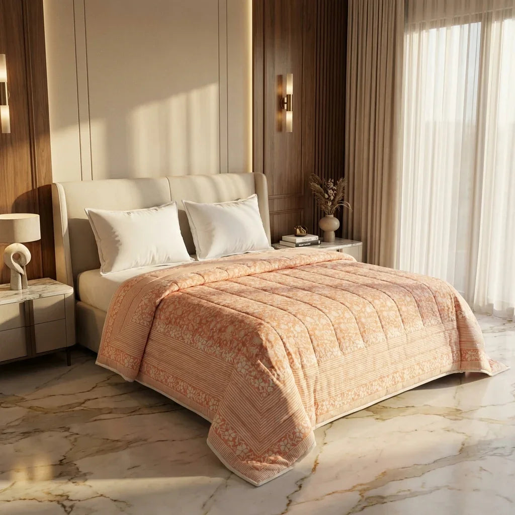 Peach & Cream Floral Jaipur Indian Hand Block Print Quilted Comforter