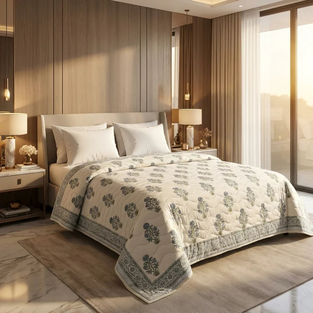 Cream & Dusty Blue Floral Jaipur Indian Hand Block Print Quilted Comforter