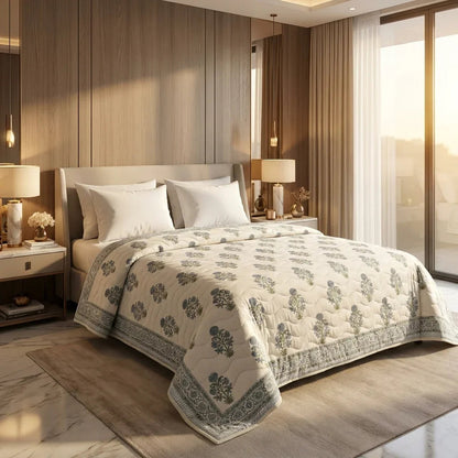Cream & Dusty Blue Floral Jaipur Indian Hand Block Print Quilted Comforter