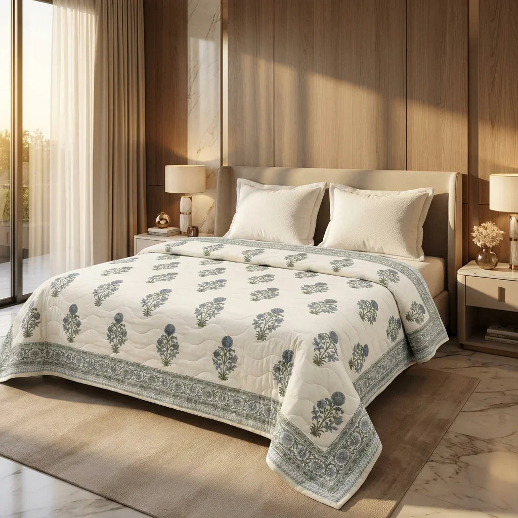 Cream & Dusty Blue Floral Jaipur Indian Hand Block Print Quilted Comforter
