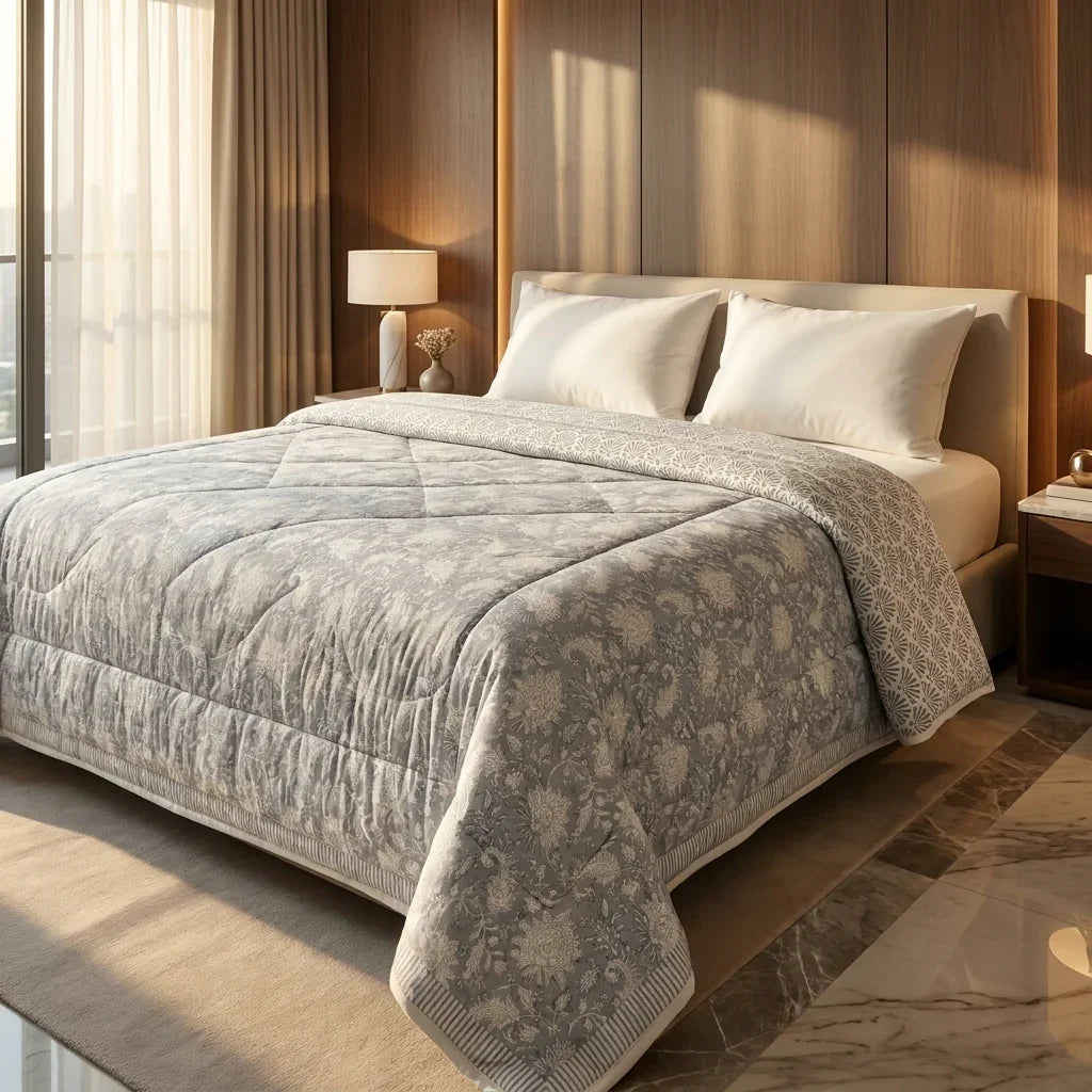 Soft Grey & Cream Floral Jaipur Indian Hand Block Print Quilted Comforter