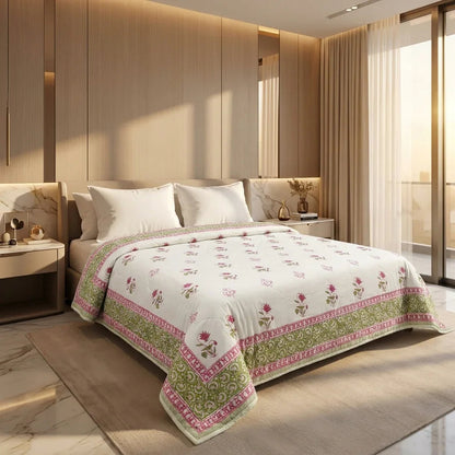 Cream & Deep Rose Olive Floral Jaipur Indian Hand Block Print Quilted Comforter