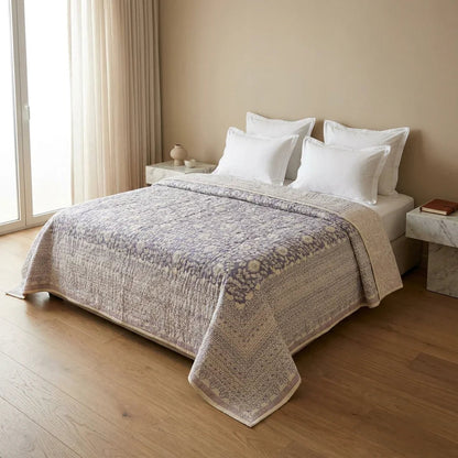 Cream & Sage Green Floral Jaipur Indian Hand Block Print Quilted Comforter