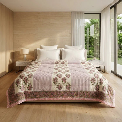 Cream & Deep Pink Floral Jaipur Indian Hand Block Print Quilted Comforter